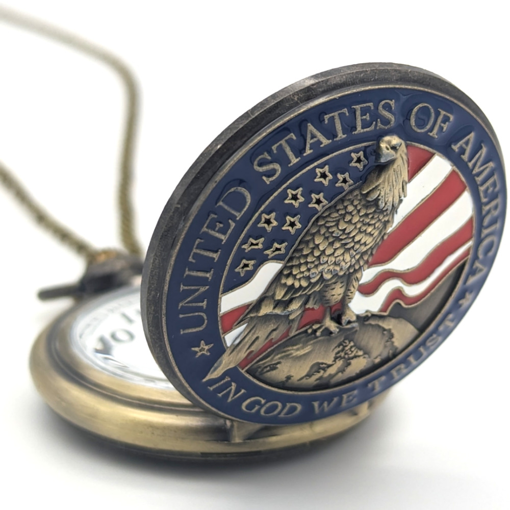 Eagle and Flag Patriot Pocket Watch Patriotic Vintage Bronze Finish America Gift - Picture 5 of 8